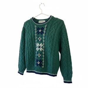 Vintage Pan Planning 100% Wool Sweater, Dark Green, Cable Knit, Crew Neck